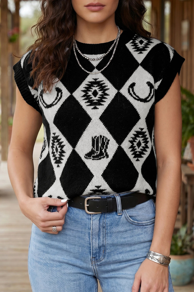 Load image into Gallery viewer, DLLS789 - Ladies Black Retro Rhombus Western Print Drop Shoulder Short Sleeve Sweater

