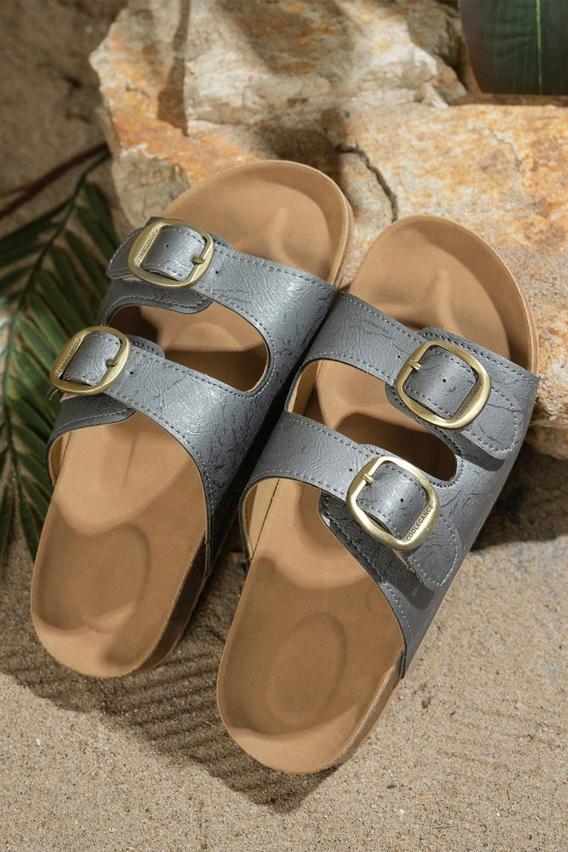 Load image into Gallery viewer, DLLSHOE 102 - Ashleigh Blue Metallic Detail Retro Double Buckle Hollowed Slippers
