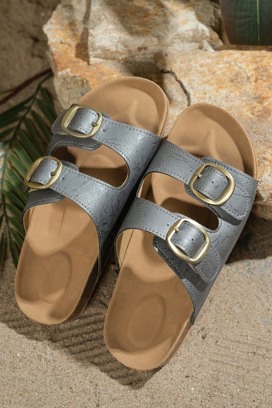 DLLSHOE 102 - Ashleigh Blue Metallic Detail Retro Double Buckle Hollowed Slippers