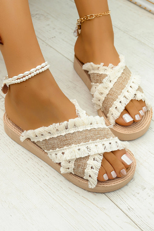 DLLSHOE 118 - Khaki Boho Contrast Tassel Detail Crossed Band Flat Slippers