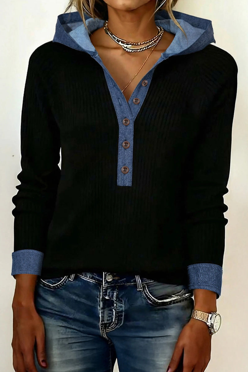 Load image into Gallery viewer, DLLS931 - Ladies Black Ribbed Knit Contrast Denim Patchwork Hooded Long Sleeve Top
