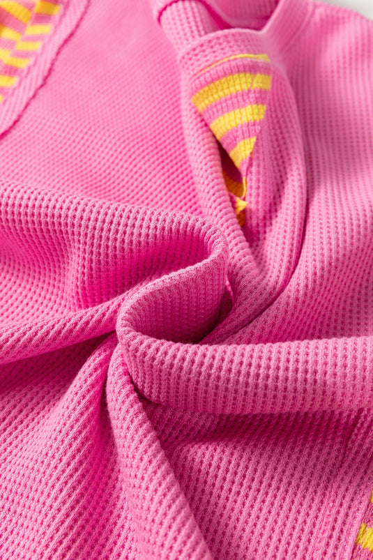 DLLS460 - Ladies Bright Pink Waffle Textured Contrast Striped Patchwork Loose T Shirt