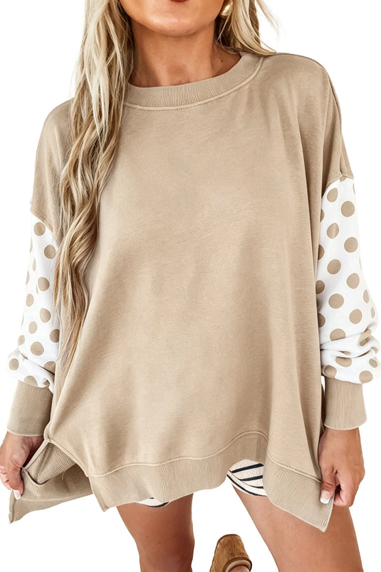 DLLS1078 - Ladies Khaki Polka Dot Patchwork Sleeve Crew Neck Loose Pullover Sweatshirt