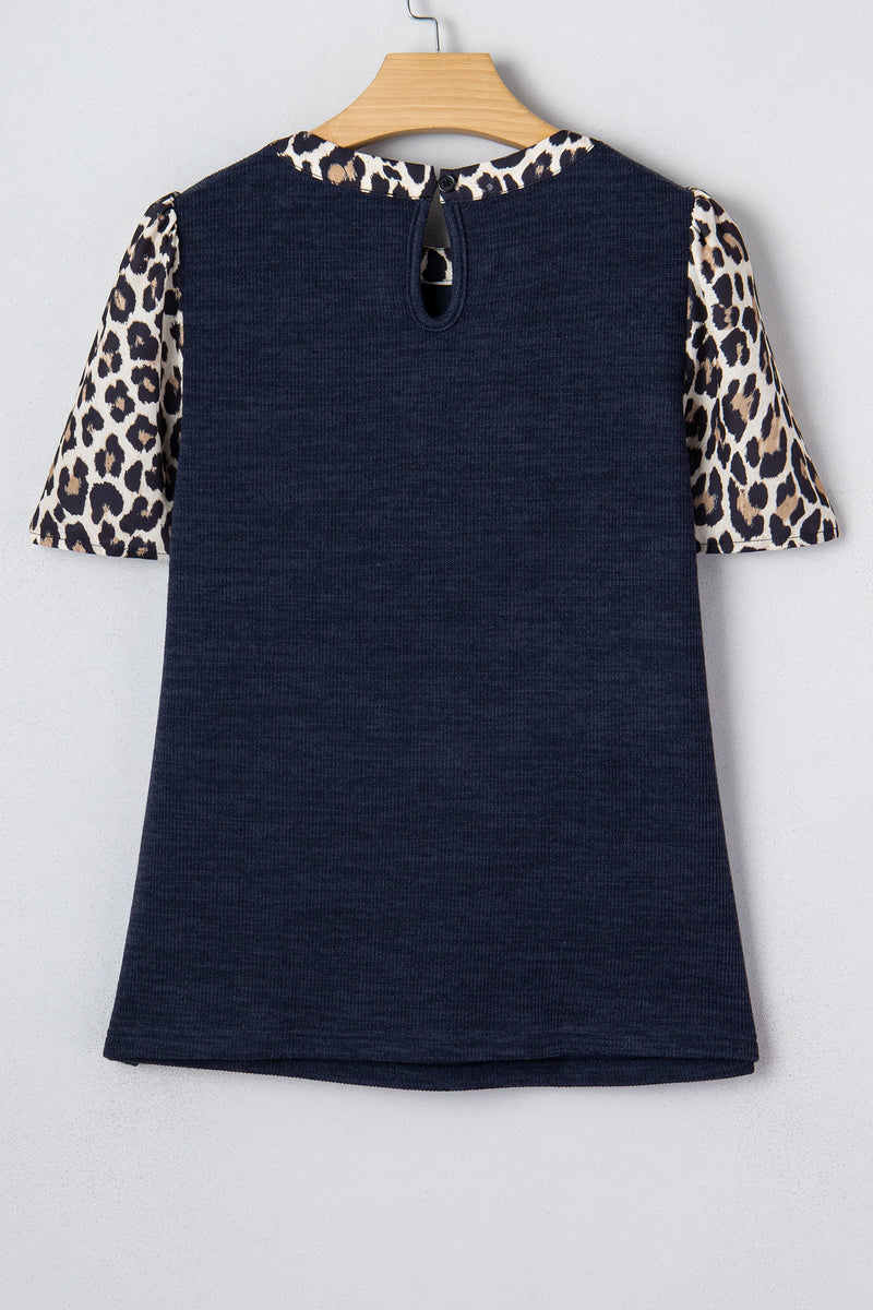 Load image into Gallery viewer, DLLS341 - Ladies Navy Blue Ribbed Contrast Leopard Patchwork Short Sleeve Top
