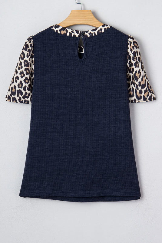 DLLS341 - Ladies Navy Blue Ribbed Contrast Leopard Patchwork Short Sleeve Top