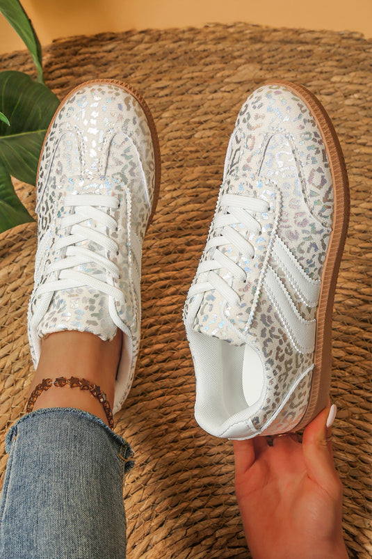 DLLSHOE 27 - White PU Leather Detail Shimmer Leopard Printed Lace-up Sneakers