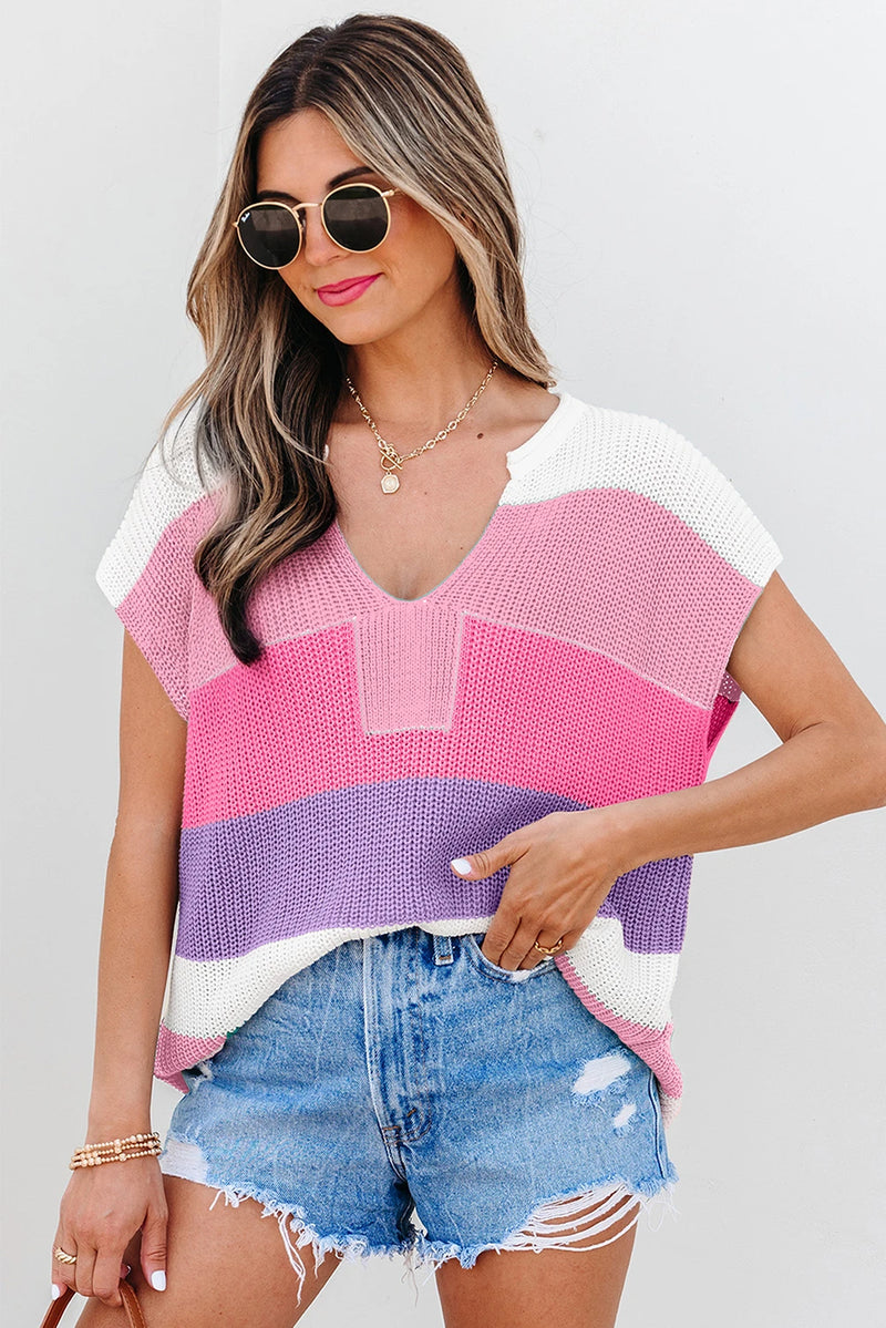 Load image into Gallery viewer, DLLS457 - Ladies Pink Color Block Notch V Neck Sweater T-Shirt

