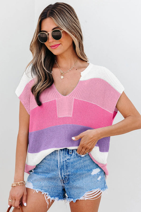 DLLS457 - Ladies Pink Color Block Notch V Neck Sweater T-Shirt