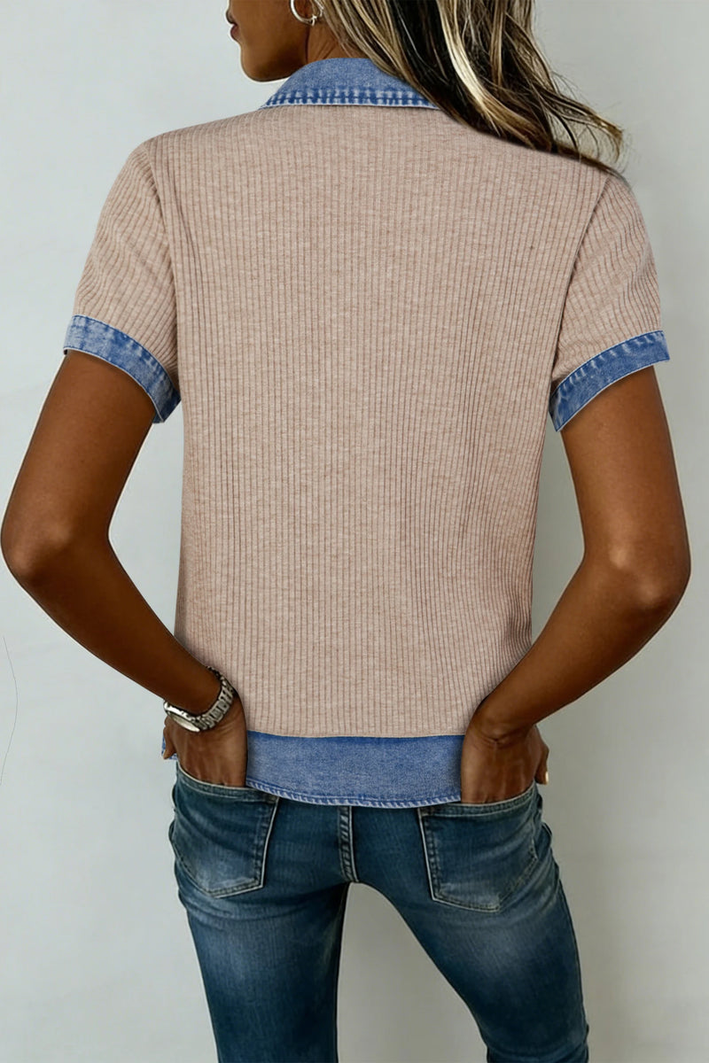 Load image into Gallery viewer, DLLS742 - Ladies Beige Ribbed Knit Denim Color Patchwork Button Detail Collared Blouse

