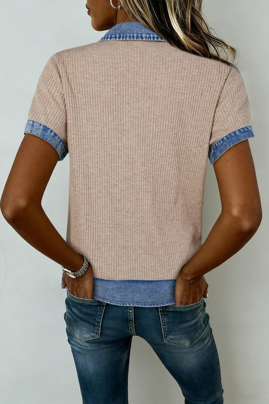 DLLS742 - Ladies Beige Ribbed Knit Denim Color Patchwork Button Detail Collared Blouse
