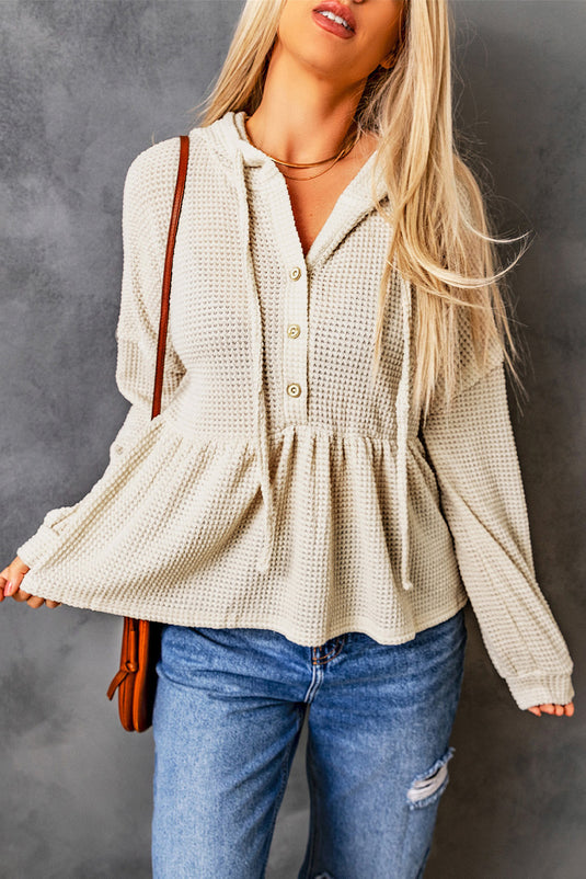 DLLS108 - Ladies Apricot Waffle Knit Buttons Ruffled Hooded Top