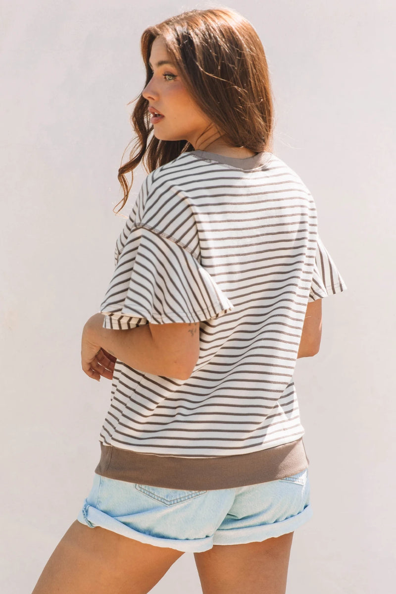 Load image into Gallery viewer, DLLS496 - Ladies Parchment Contrast Detail Striped Ruffle Short Sleeve Top
