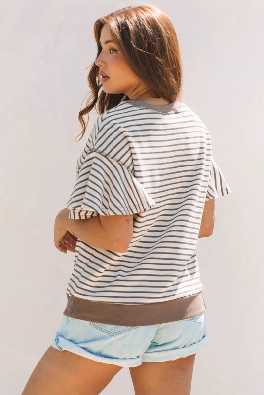DLLS496 - Ladies Parchment Contrast Detail Striped Ruffle Short Sleeve Top