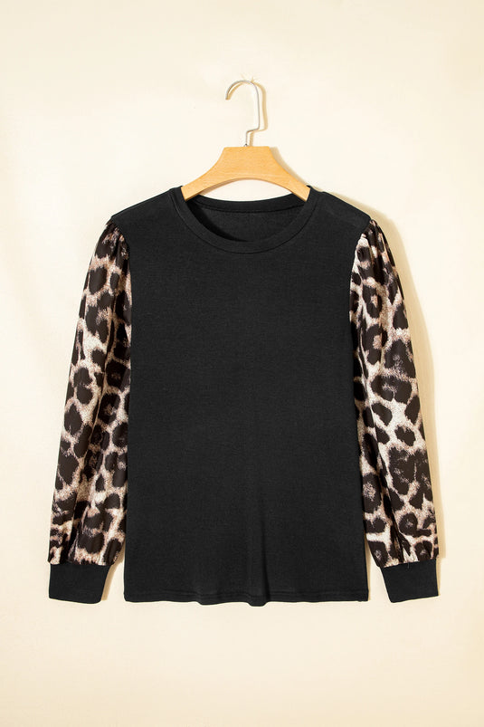DLLS419 - Ladies Khaki Leopard Puff Sleeve Patchwork Top