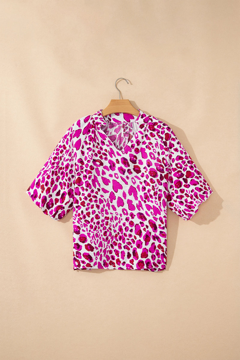 Load image into Gallery viewer, DLLS493 - Ladies Rose Leopard Print V Neck Puffy Half Sleeve Blouse
