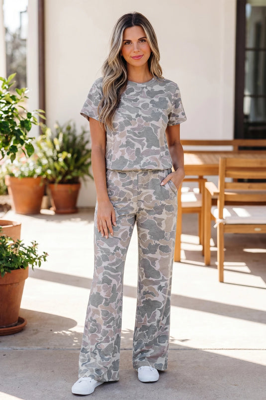 DLLS575 - Ladies Multicolor Camouflage Top and High Waist Wide Leg Pants Set