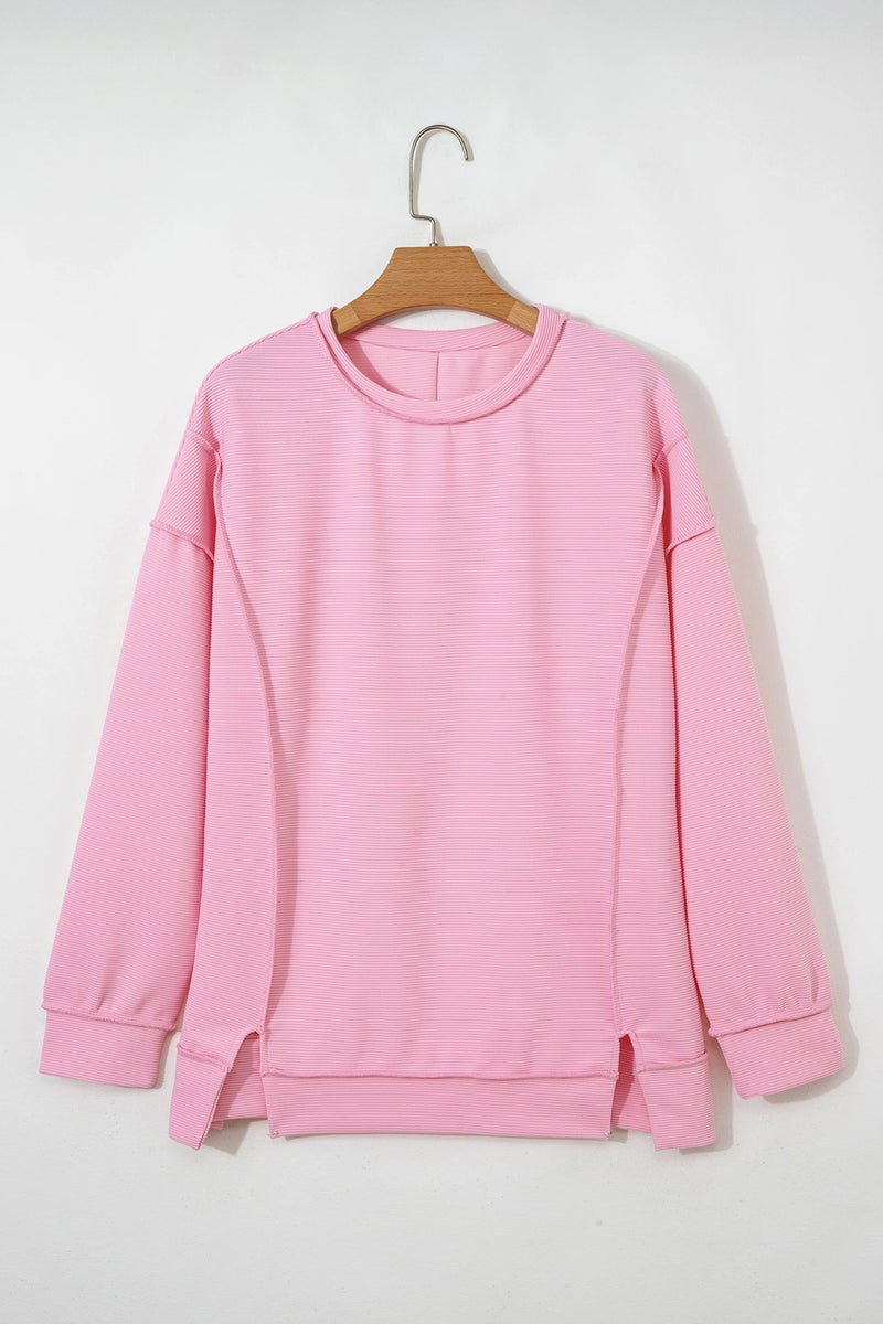 Load image into Gallery viewer, DLLS926 - Ladies Pink Horizontal Ribbed Exposed Seam Detail Drop Shoulder Baggy Pullover
