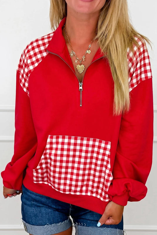 DLLS883 - Ladies Racing Red Patchwork Plaid Pocket Quarter Zip Sweatshirt