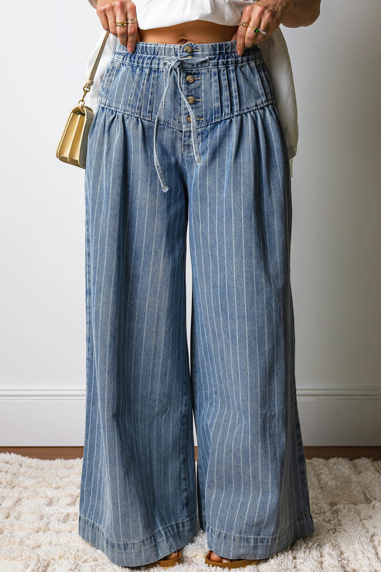 DLLS1002 - Ladies Sky Blue Stripe Button Pleated Drawstring Waist Casual Wide Leg Jeans