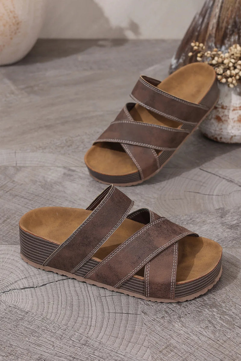 Load image into Gallery viewer, DLLSHOE 69  - Coffee Contrast Stitch Crossed Band Retro Platform Slippers
