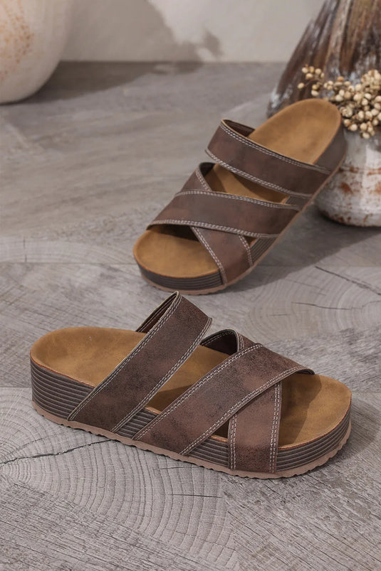 DLLSHOE 69  - Coffee Contrast Stitch Crossed Band Retro Platform Slippers