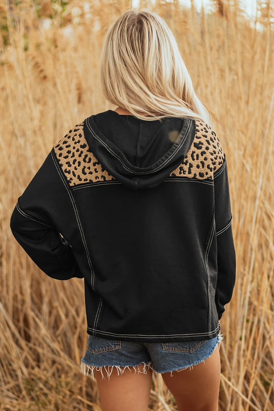 DLLS196 - Ladies Brown Leopard Patchwork Contrast Stitching Knotted Cuff Quarter Zip Hoodie