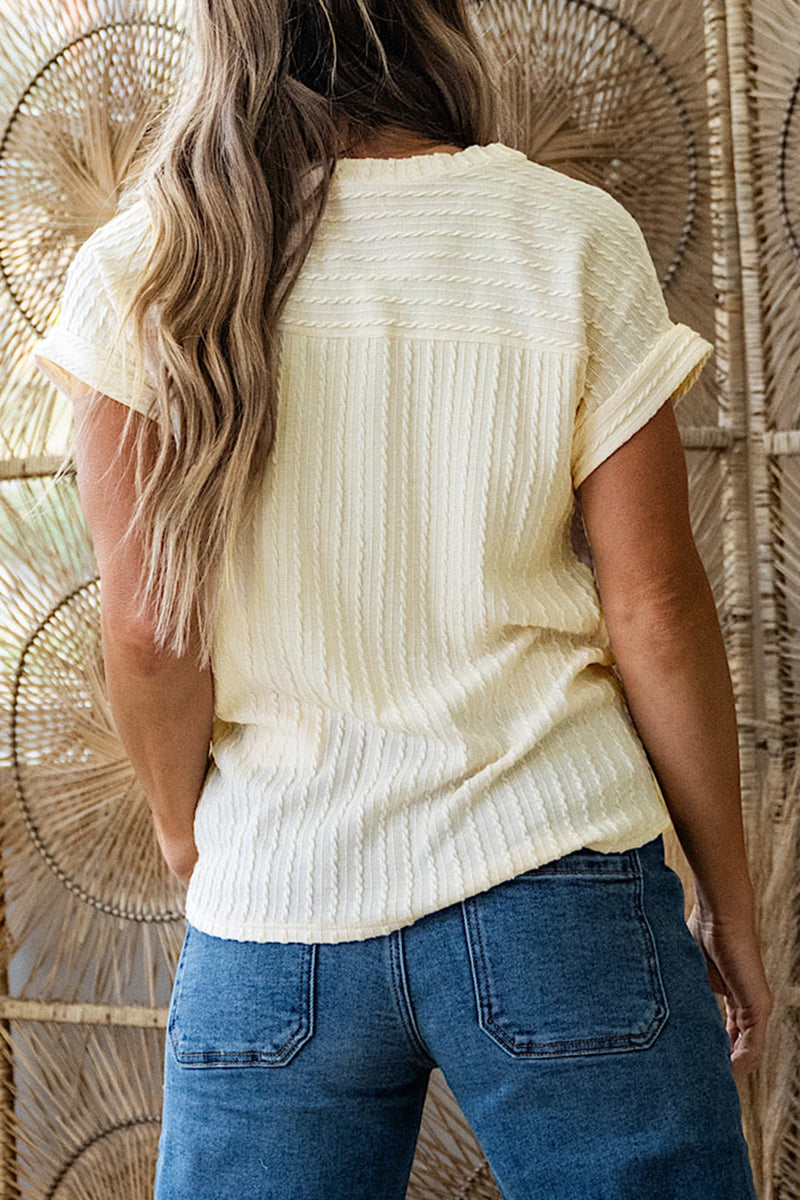 Load image into Gallery viewer, DLLS395 - Ladies Beige Twisted Texture Knit V Neck T Shirt
