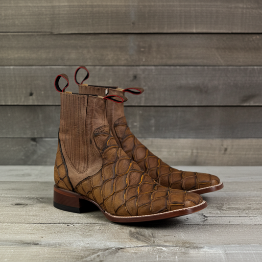 1814 - RockinLeather Men's Retro Brown Leather Pirarucu Print Chelsea Boot
