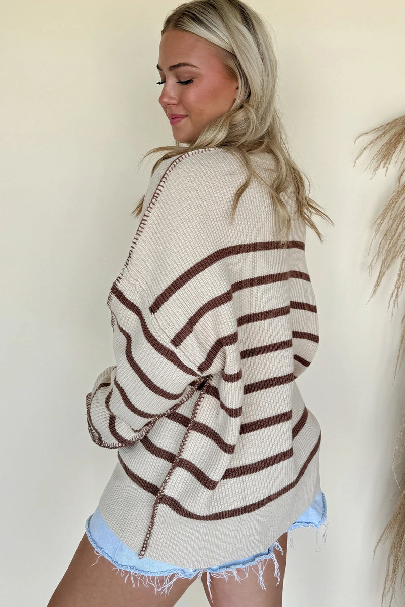 Load image into Gallery viewer, DLLS227 - Ladies Brown Stripe Ribbed Henley Drop Shoulder Slouchy Sweater
