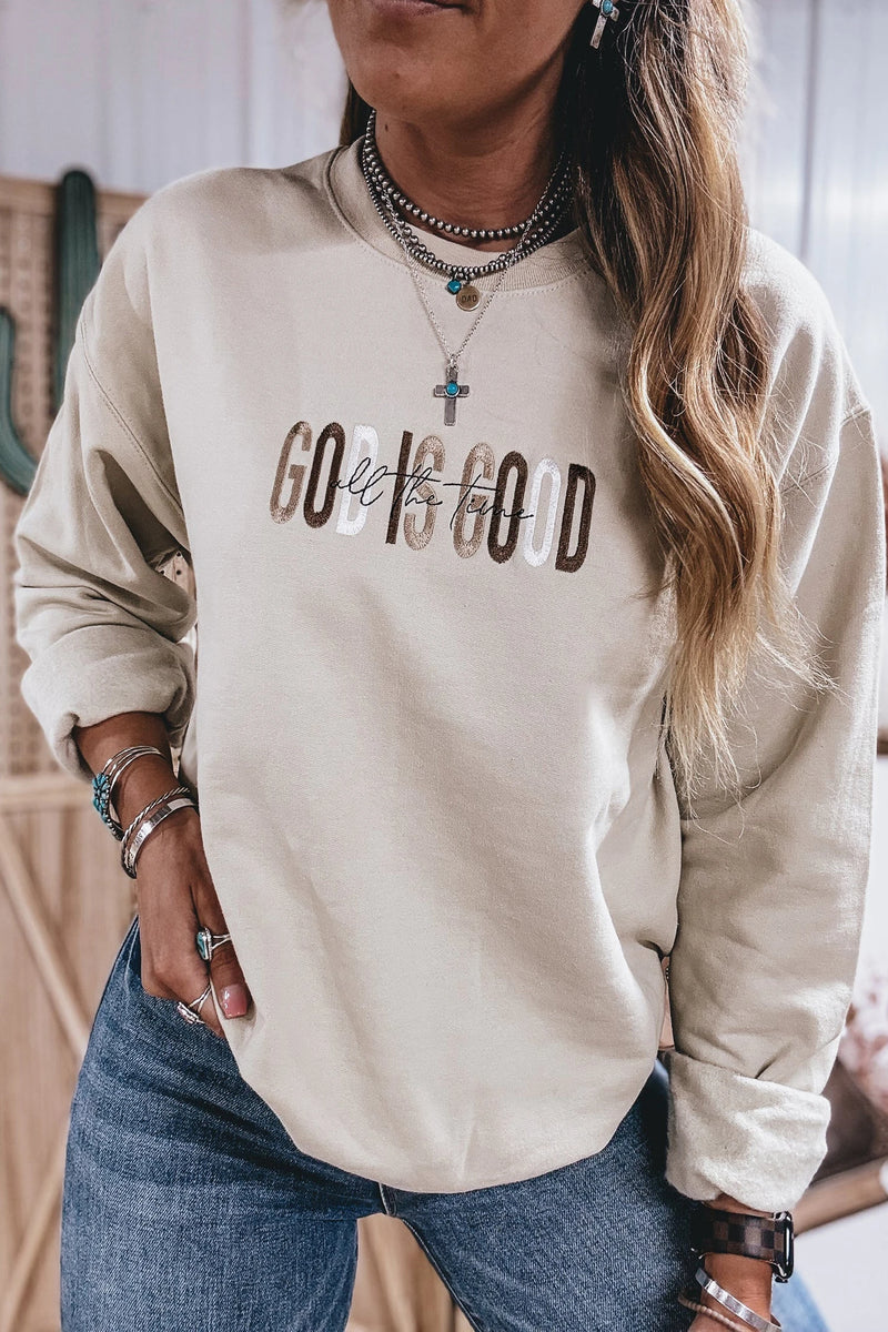 Load image into Gallery viewer, DLLS877 - Ladies GOD IS GOOD Western Embroidered Letter Crewneck Pullover Sweatshirt
