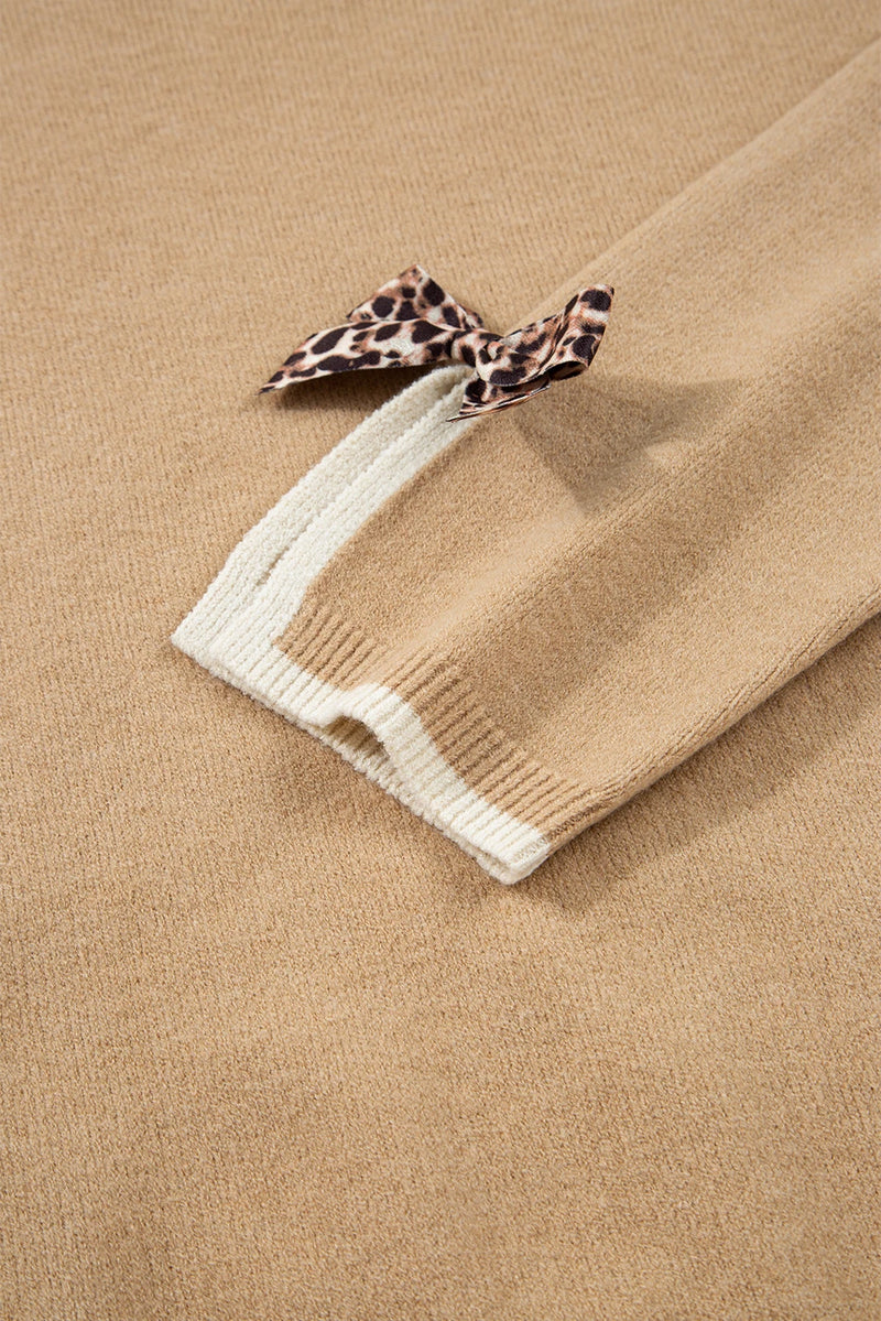 Load image into Gallery viewer, DLLS398 - Ladies Tan Leopard Bow Decor Split Cuff Contrast Trim Sweater
