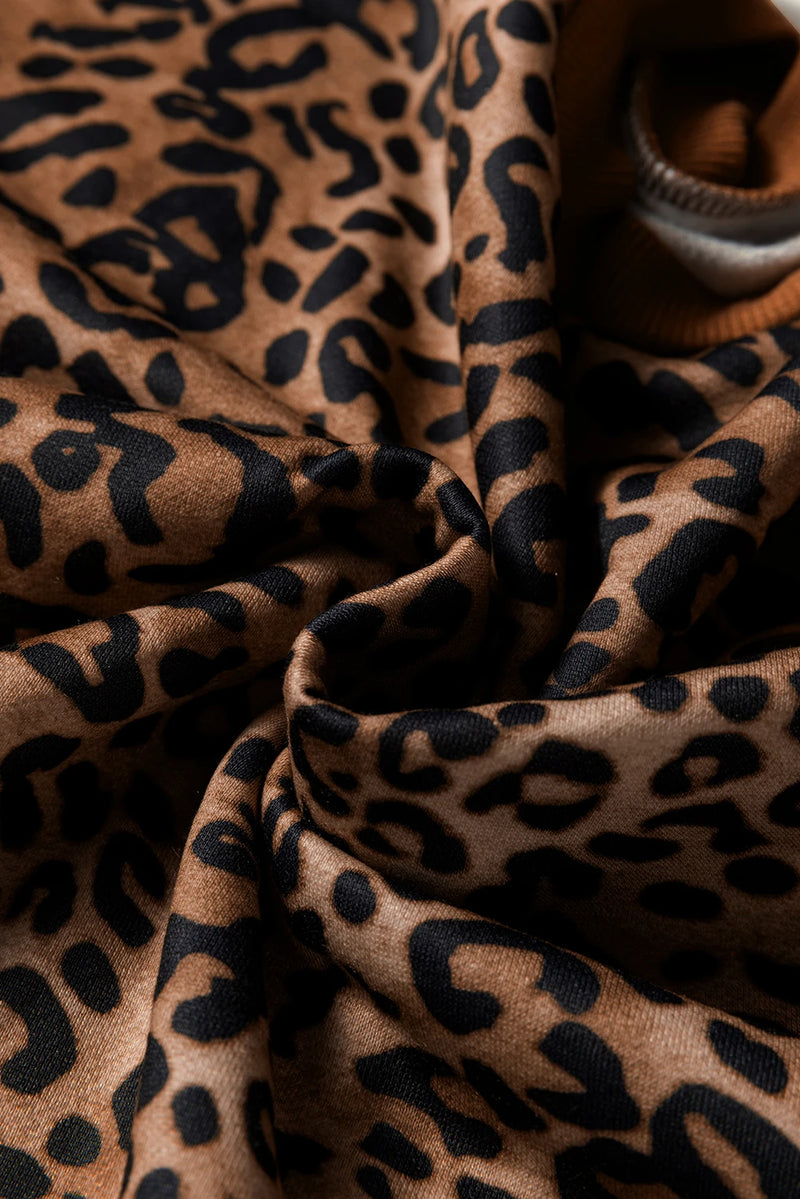 Load image into Gallery viewer, DLLS312 - Ladies Coffee Leopard Print Contrast Trim Long Sleeve Top and Pants Set
