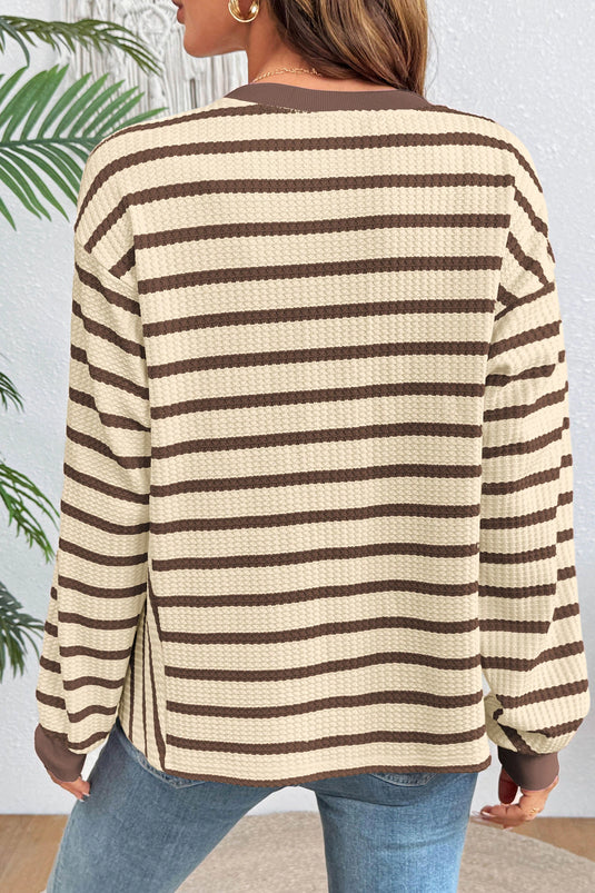 DLLS882 - Ladies Brown Stripe Patchwork Ribbed Cuff Casual Pullover Sweatshirt