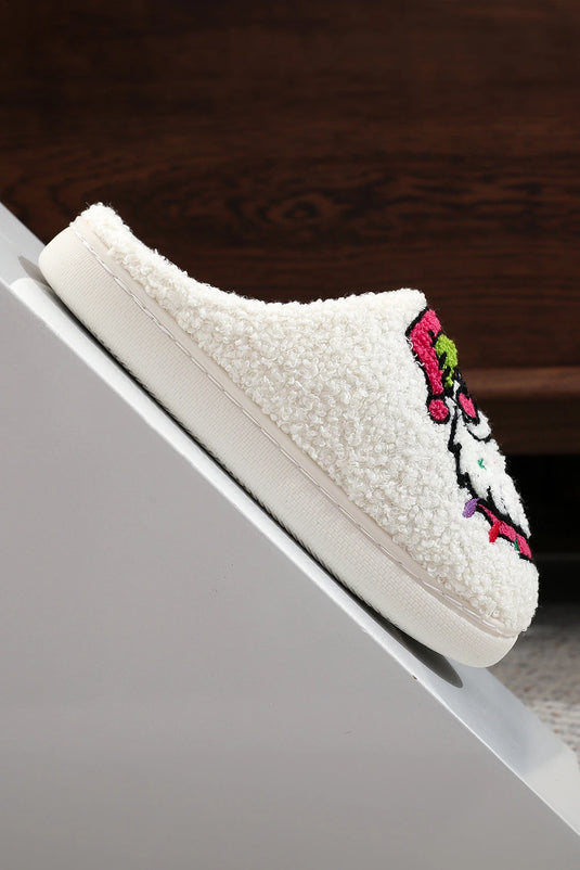 DLLSHOE 130 - White Starry Santa Claus Pattern Christmas Plush Slippers
