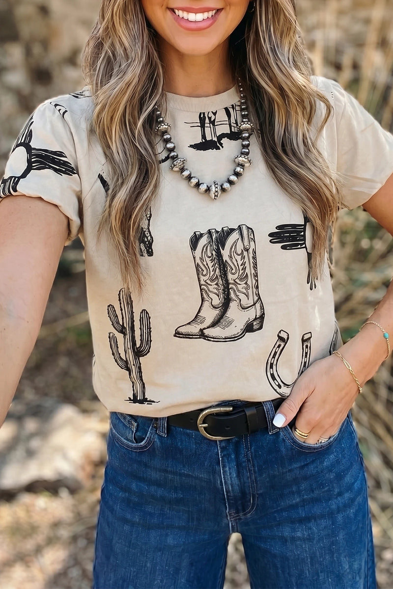 Load image into Gallery viewer, DLLS674 - Ladies Beige Retro Western Print T Shirt
