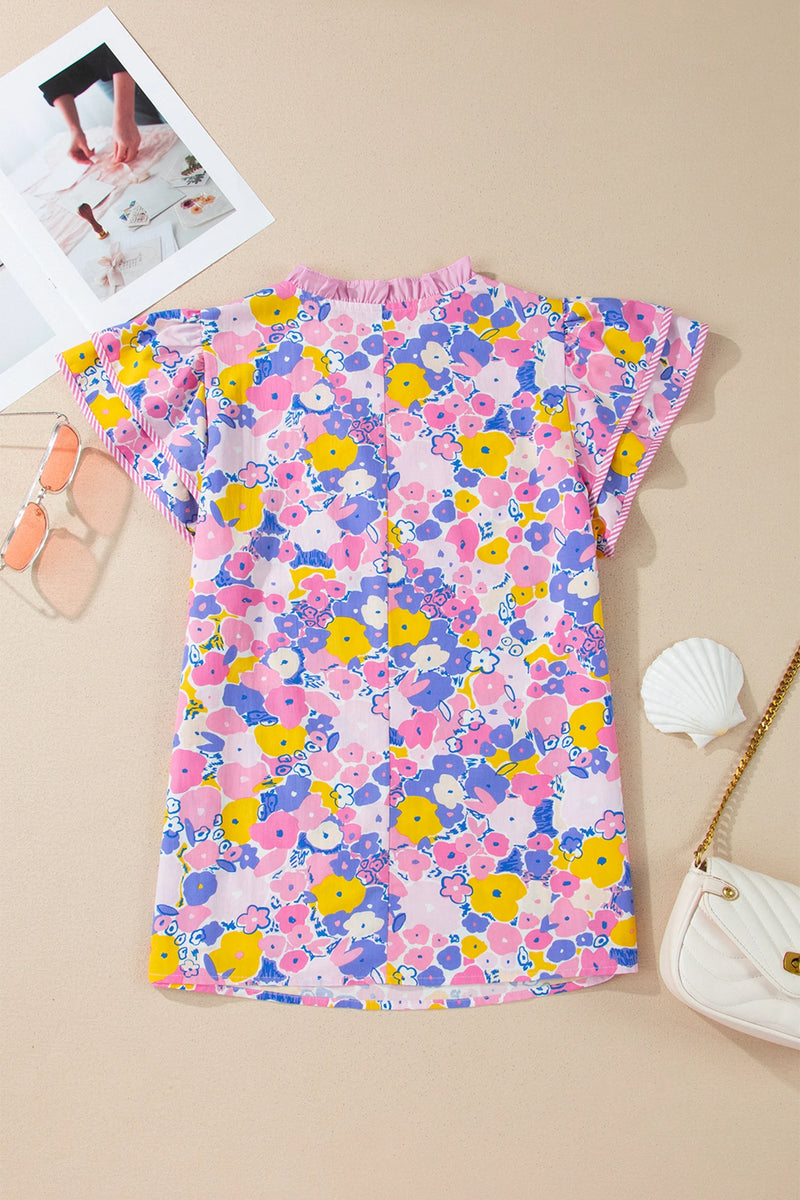 Load image into Gallery viewer, DLLS553 - Ladies Pink Floral Print Striped Color Block V Neck Flutter Sleeve Blouse
