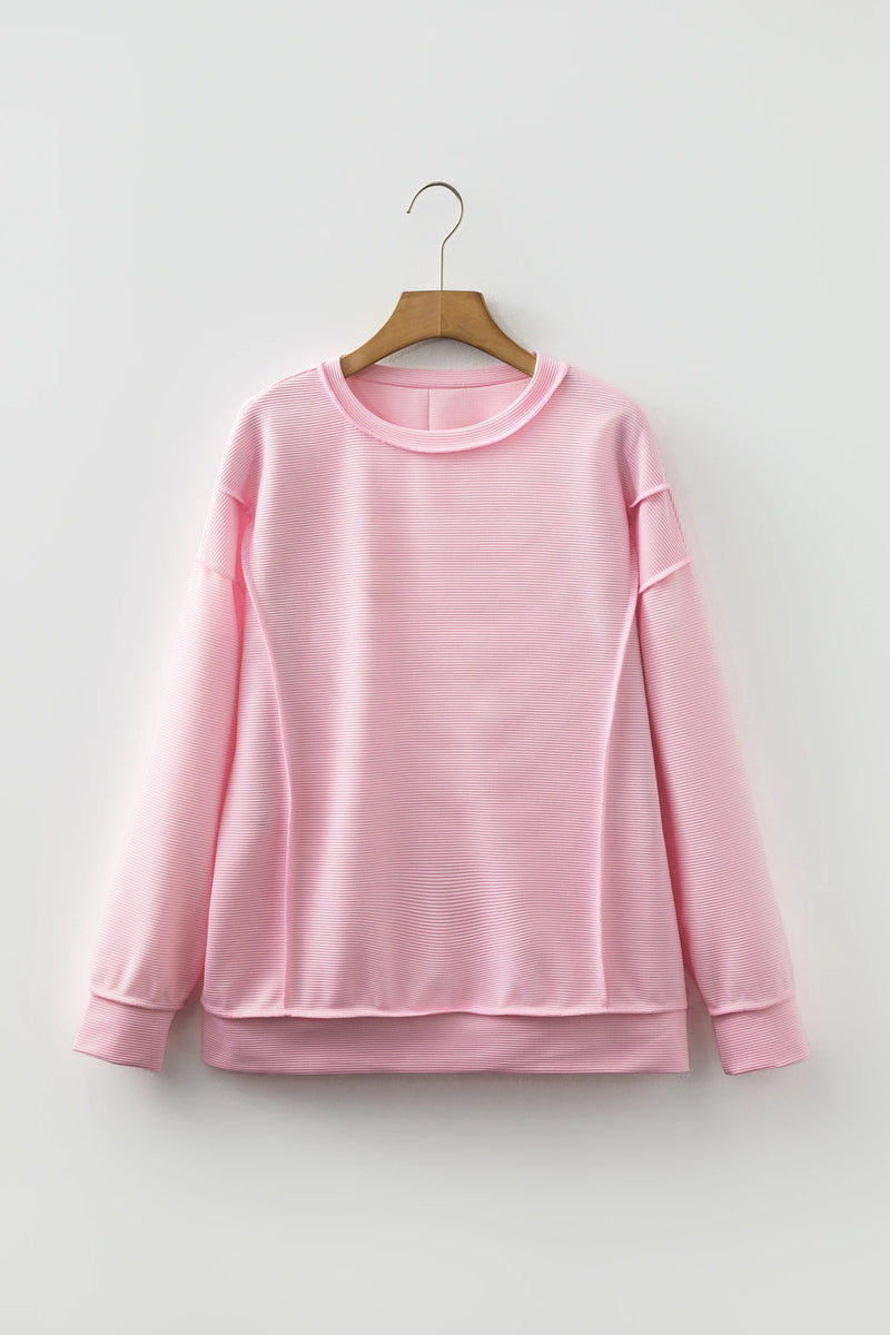 Load image into Gallery viewer, DLLS355 - Ladies Pink Horizontal Ribbed Exposed Seam Detail Long Sleeve Top
