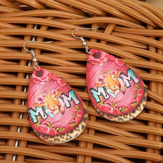 TMER53 - Cow Head "Mom" PU Leather Earrings