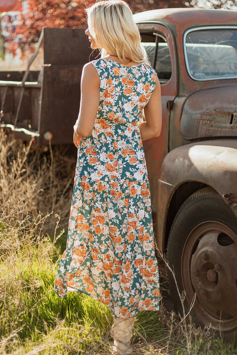 Load image into Gallery viewer, DLLS586 - Ladies Green Floral Print Trimmed V Neck Tie Waist Sleeveless Long Dress
