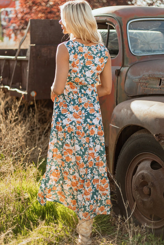 DLLS586 - Ladies Green Floral Print Trimmed V Neck Tie Waist Sleeveless Long Dress