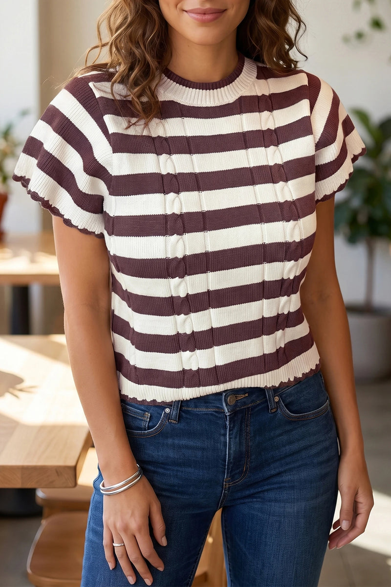 Load image into Gallery viewer, DLLS1151 - Ladies Brown Stripe Ribbed Knit Cable Detail Short Sleeve Sweater
