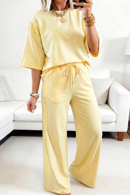 DLLS572 - Ladies Yellow Lace Patchwork Half Sleeve Top And Pants Two Piece Set