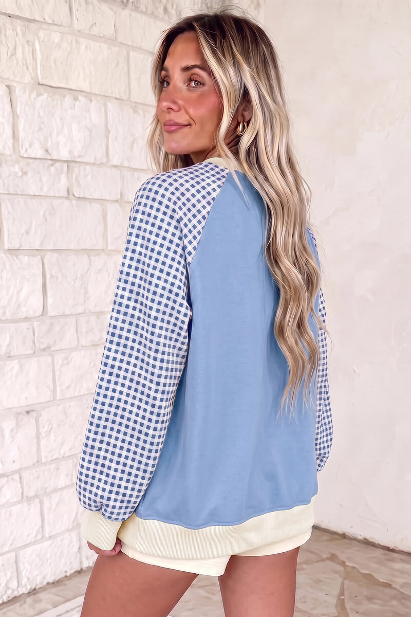 Load image into Gallery viewer, DLLS890 - Ladies Light Blue Plaid Sleeve Colorblock Raglan Pullover Sweatshirt
