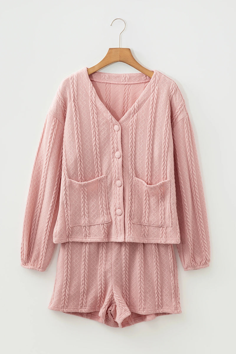 Load image into Gallery viewer, DLLS369 - Ladies Gossamer Pink Cable Knit V Neck Cardigan Shorts Set
