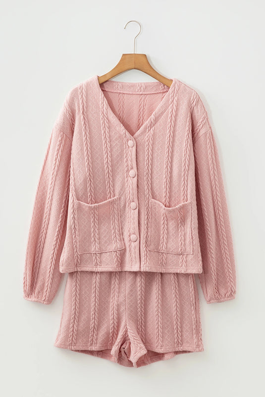 DLLS369 - Ladies Gossamer Pink Cable Knit V Neck Cardigan Shorts Set