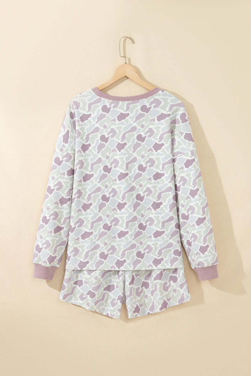 Load image into Gallery viewer, DLLS1049 - Ladies Green Camouflage Waffle Knit Long Sleeve Top Casual Shorts Set
