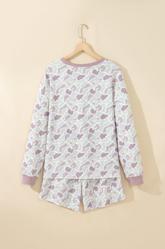 DLLS1049 - Ladies Green Camouflage Waffle Knit Long Sleeve Top Casual Shorts Set