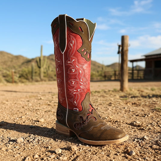 2180 - RockinLeather Women's Tall Distressed Brown/Red Boot With Wide Square Toe