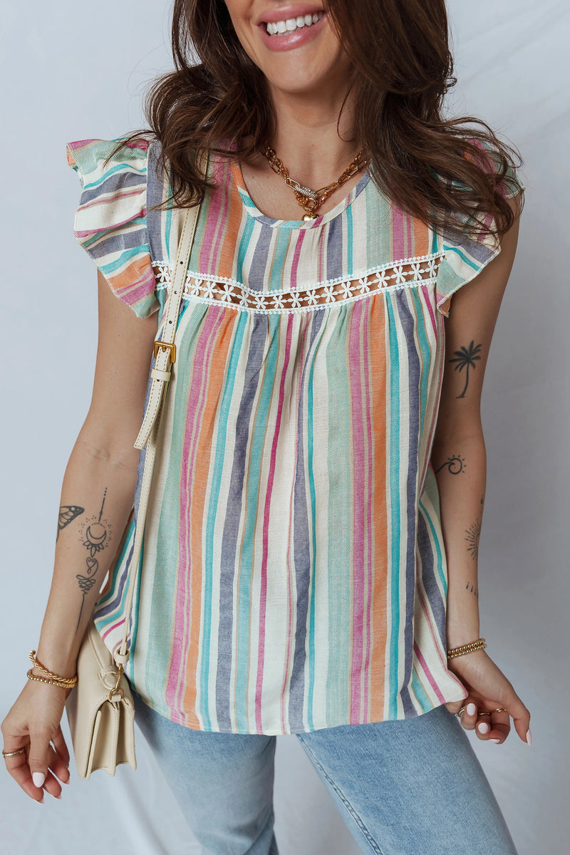 Load image into Gallery viewer, DLLS380- Ladies Light Blue Lace Hollow-out Insert Flutter Sleeve Striped Blouse
