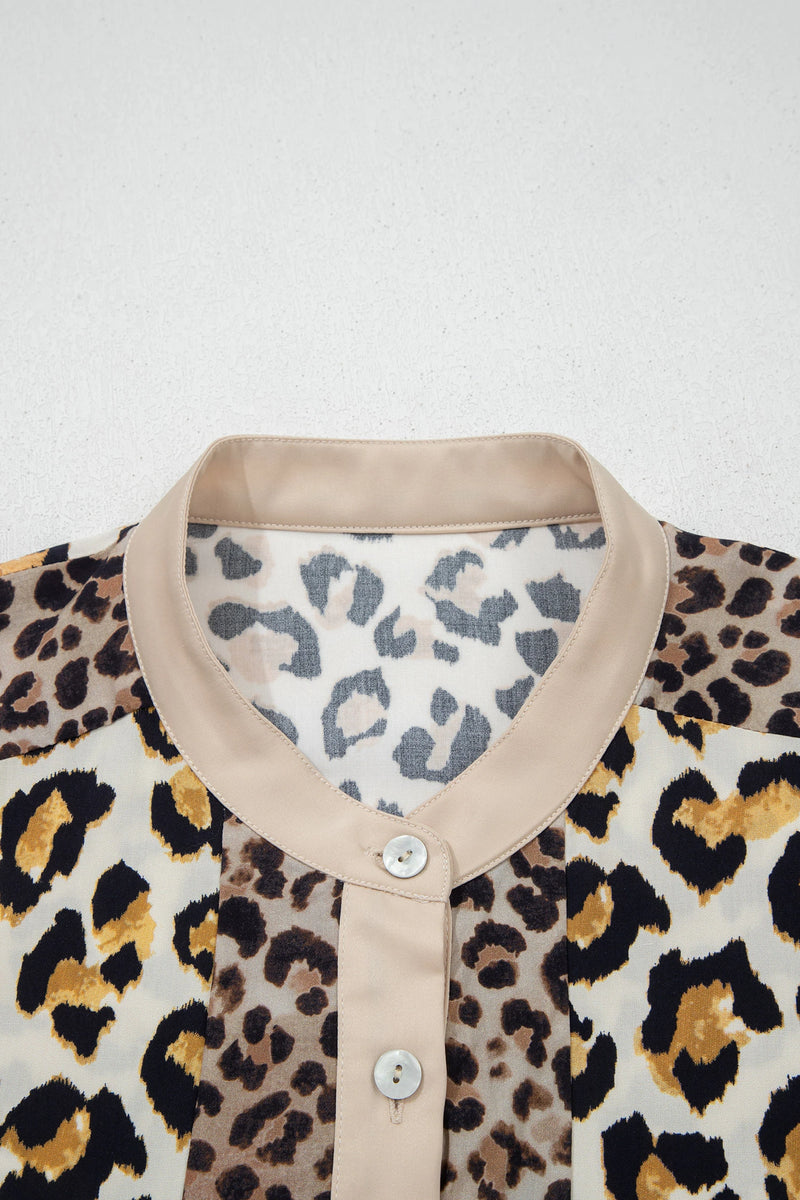 Load image into Gallery viewer, DLLS379- Ladies Khaki Mixed Leopard Patchwork 3/4 Sleeve Loose Shirt
